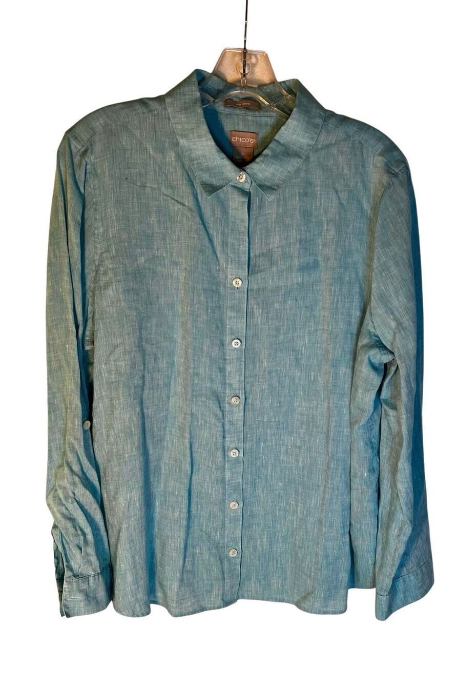 Chico’s No iron Aqua Blue Button Front Adjustable Sleeve Top Shirt Size 2 Large